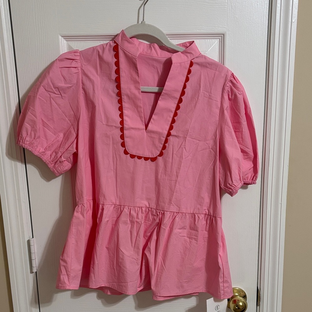 Amazon Pink Peplum Top with Red Trim